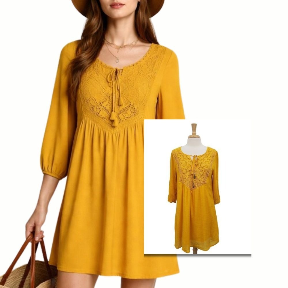 Indigo Rose Peasant Dress Crochet Lace Boho Mustard Petite‎ PM Flaw